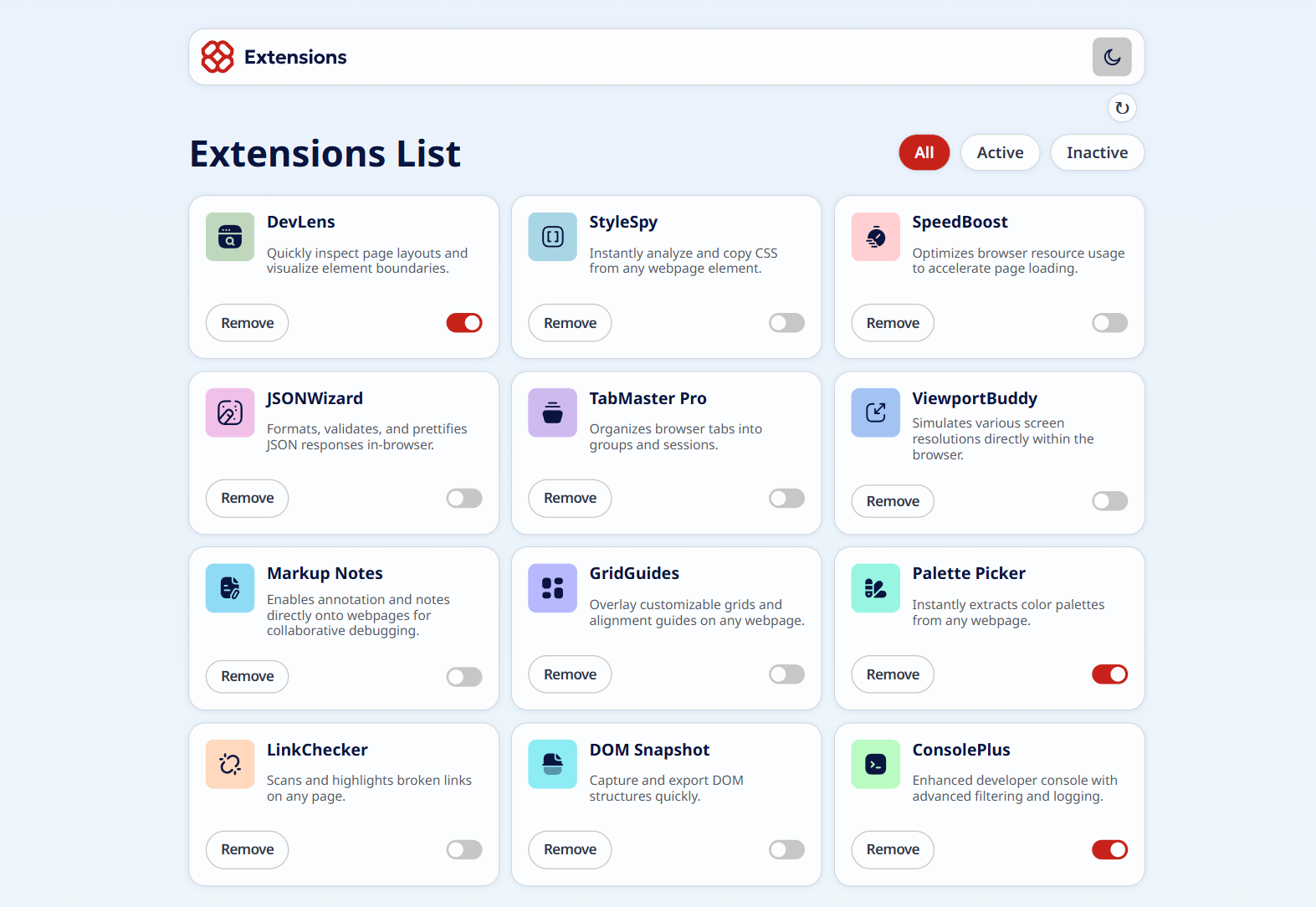 prévisualisation du projet browser extensions manager ui main